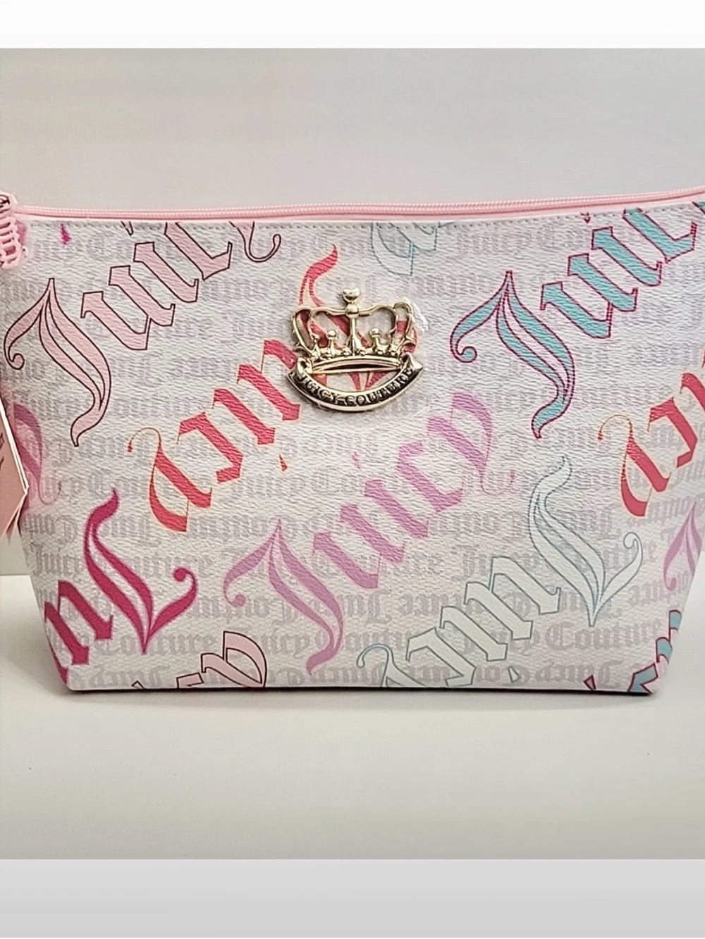 NWT Juicy Couture Pastel Script Cosmetic Pouch with Gold Crown Accent